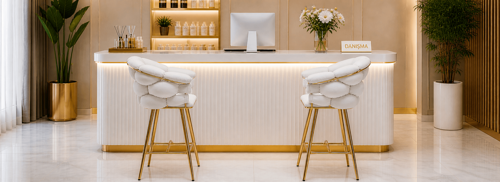 Beauty Luxury beyaz Kasa Bar Sandalyesi salon